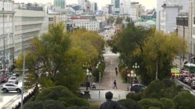 Sırbistan, Belgrad - 10 Eylül 2022: Şehir merkezinde yeşil ağaçlı ara sokak manzarası. Stok görüntüleri. Yoğun şehrin merkezindeki yeşil sokak. Arka planda arabalarla ve yeşil sokaklarla kesişen