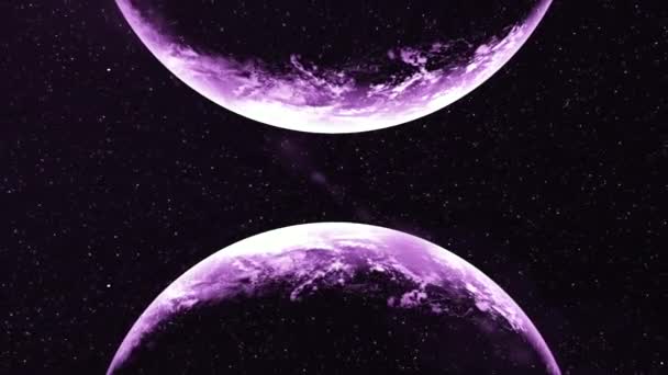 Abstrato Dois Planetas Girando Espaço Sideral Moção Roxo Gêmeo Rotativo — Vídeo de Stock
