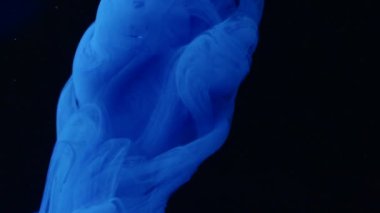 Akvaryumda siyah arka planda mavi mürekkep var. Stok görüntüleri. Suda renkli mürekkep, suyun altında dönen boya. 