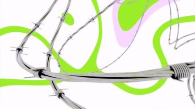 Lekeli ve dikenli telli renkli bir soyutlama. Tasarım. Beyaz arka planda yeşil desenli dikenli eğri metal tel.