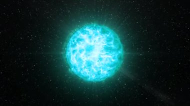 Işıl ışıl parlayan parlak bir top. Hareket. Enerji plazması 3 boyutlu topta pırıl pırıl parlıyor. Uzayda parçacıklarla parıldayan enerji topu.