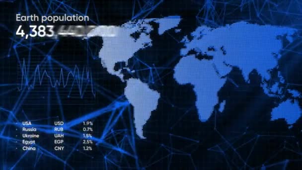 Τεχνολογικό Animation Παγκόσμιο Χάρτη Και Αριθμούς Κίνηση Πληθυσμός Της Γης — Αρχείο Βίντεο