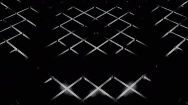 Arkaplanda titreşimli halkalar olan siyah beyaz bir zemin. Tasarım. Çemberlerin nabız hareketi ve arkasındaki ızgara