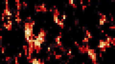 Parıldayan piksel deseni siyah arkaplanda hareket eder. Hareket. Parlak titreşimli pikseller akıntıda hareket ediyor. Yanıp sönen piksellerle bilgisayar akışı. 