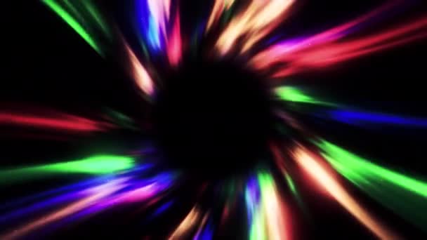 Красочный Светящийся Поток Космосе Движение Цветные Пятна Движутся Потоке Черном — стоковое видео