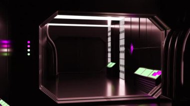 Metal duvarlı fütüristik 3 boyutlu koridor. Tasarım. Uzay gemisinde neon ışıkları olan 3 boyutlu koridor. Uzay gemisinde gerçekçi koridor. 