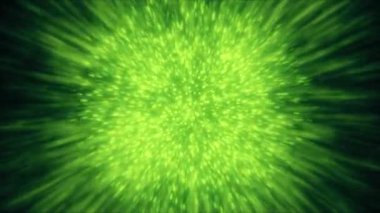 Yeşil parlak bir arka plan. Hareket. Animasyondaki parlak havai fişekler farklı yönlerde bulanıklaşıyor. Yüksek kalite 4k görüntü
