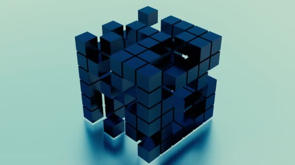 Blauer Selbstdemontierender Rubiks Würfel Design Ein Blauer Hintergrund Animation Mit — Stockvideo