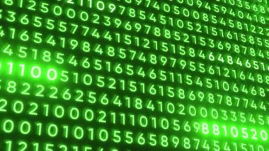 Siyah arkaplan, yeşil ve mor sayılar. Hareket. Kendini soyutlamada gösteren karmaşık dijital kodlar. Yüksek kalite 4k görüntü