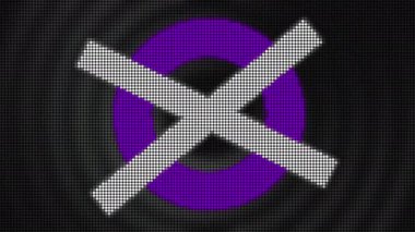 Siyah arka plan. Hareket. Mor ve yeşil çizgiler çizerek çizgi üzerinde piksel şeklinde bir haç çiziyor. Yüksek kalite 4k görüntü