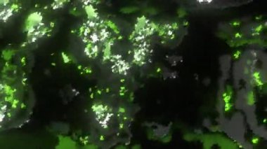 Yeşil-beyaz ve mor lekeler. Tasarım. Piksel parçaları farklı yönlerde parıldayan üç boyutlu formatta. Yüksek kalite 4k görüntü