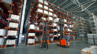 Polonya, Warsaw... 14 Eylül 2022, Stacker depoda kutu dağıtıyor. Yaratıcı. Stacker depodaki yüksek raflardan kutuları topluyor. Forklift kamyonu malların arkasındaki raflara yükseliyor..