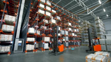 Polonya, Warsaw... 14 Eylül 2022, Stacker depoda kutu dağıtıyor. Yaratıcı. Stacker depodaki yüksek raflardan kutuları topluyor. Forklift kamyonu malların arkasındaki raflara yükseliyor..
