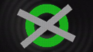 Siyah arka plan. Hareket. Mor ve yeşil çizgiler çizerek çizgi üzerinde piksel şeklinde bir haç çiziyor. Yüksek kalite 4k görüntü