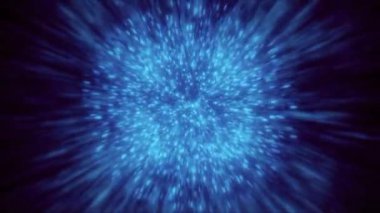 Uzayda ışık saçan parçacıkların patlayıcı akışı. Hareket. Parlak parçacık akışı patlamadan önce toplanır. Uzayda patlamadan önce parçacıkların akışı. 