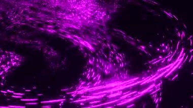 Mavi ve mor uçan simler. Belirleme. Işıkla parıldayan küçük parçacıkların farklı yönlere uçtuğu bir soyutlamada siyah bir arkaplan. Yüksek kalite 4k görüntü
