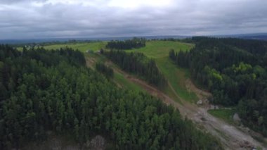 Yamaçtaki heyelan manzarası. Şarjör. Yazın eski köyün yamacında çamur kayması. Yeşil orman ve yamaçla vadideki köyün kıyısında heyelan.