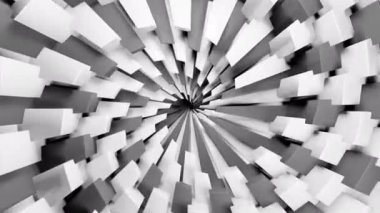 Siyah ve beyaz dikdörtgen spiral grafik animasyon. Tasarım. Tek renkli dikdörtgenlerin genişleyen fraktal spirali yayılıyor