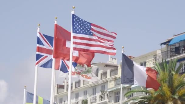 Fila Bandeiras Ondulantes Diferentes Países Acção Conceito Política Agitando Bandeiras — Vídeo de Stock