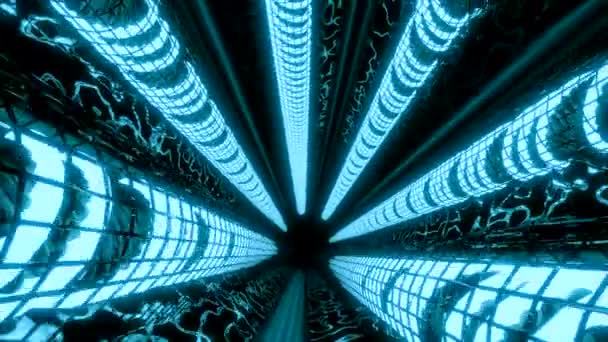 Futuristische Tunnel Met Neon Technologische Pijpleidingen Ontwerp Gloeiende Buizen Technologische — Stockvideo