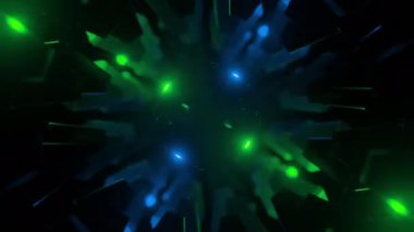 Dönen dişli ve toplu 3D animasyon. Tasarım. Ortasında siyah top olan dönen bir mekanizma. Ortasında yanıp sönen siyah top yanılsaması olan dönen mekanizmada neon ışığı. 