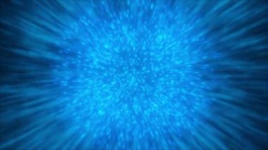 Mavi neon çekirdek hareket eden parçacıklarla uzay enerjisi yayıyor ve tüketiyor. Hareket. Soyut patlayan küre