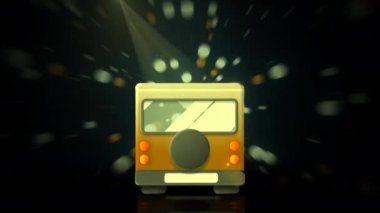 Çizgi film 3 boyutlu otobüs yolculukları. Hareket. Akıntıda hareket halindeki otobüsün çocuk animasyonu. Siyah arkaplan üzerinde parçacık akışı içinde otobüs yolculukları. 