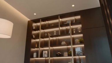 İçinde kitaplık olan lüks bir oda. Stok görüntüleri. Modern dairelerde güzel, şık mobilya tasarımı. Lüks modern iç mekanların parlak detayları.. 