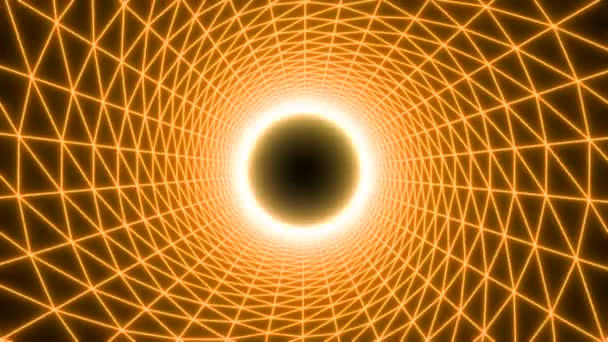 Летающий Внутри Неоновой Полосатой Круговой Туннель Темной Пульсирующей Сферой Конце — стоковое видео