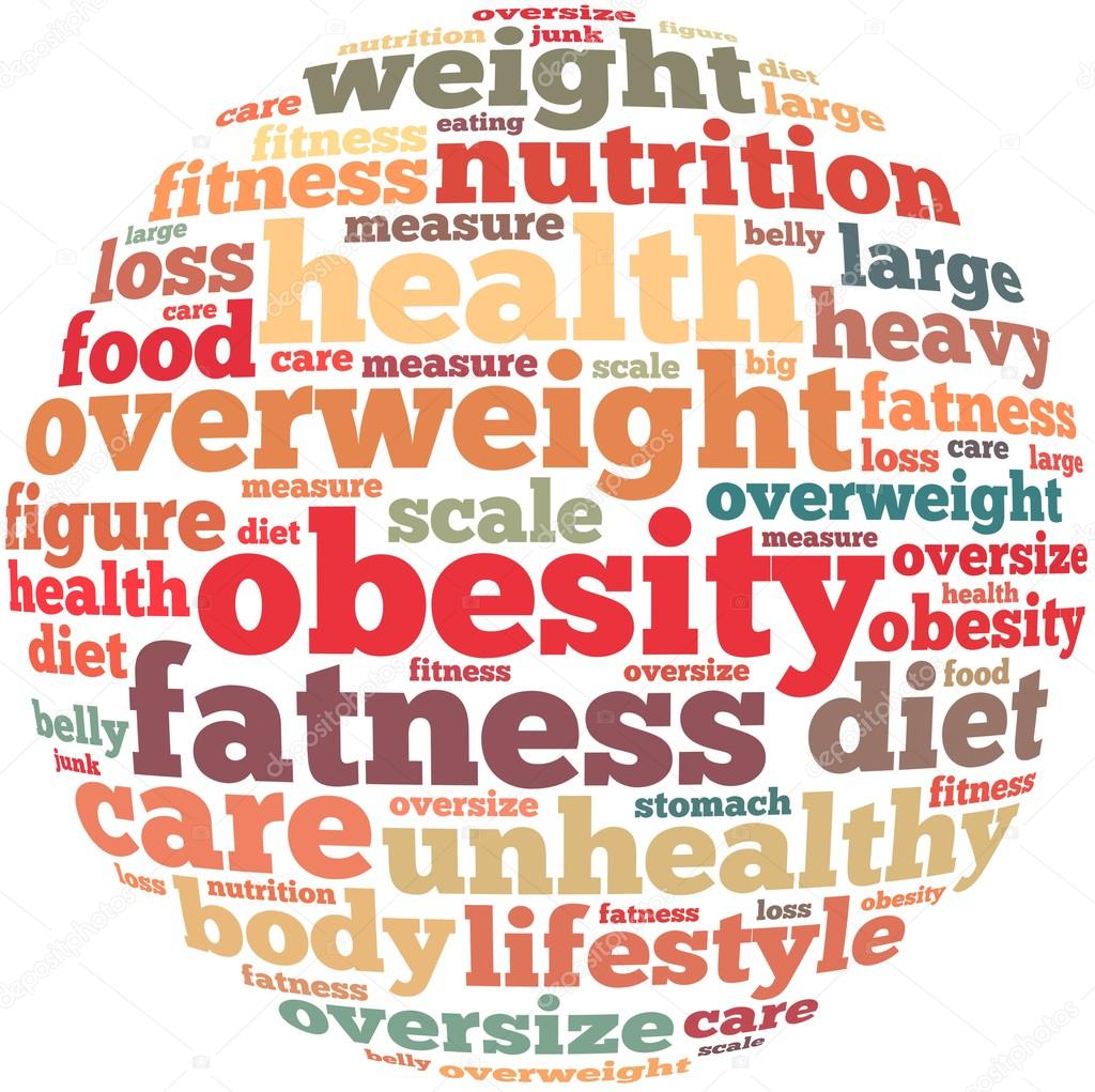 Obesity info-text graphics and arrangement concept on white background (word cloud)