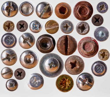 Atölyede kullanılan vida ve cıvata başları. Farklı tipte tornavida uçları. İzole edilmiş arkaplan. 