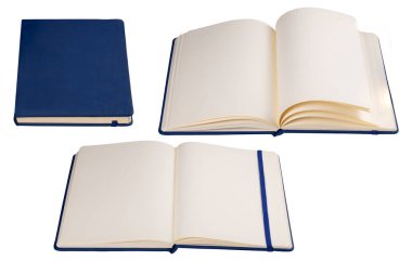 Boş sayfalarla kapalı ve açık bir defter. Ders sırasında not almak için okul malzemeleri. İzole edilmiş arkaplan. 