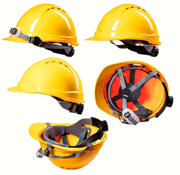 Capacete Trabalho Amarelo Mostrado Lados Diferentes Fundo Isolado — Fotografia de Stock