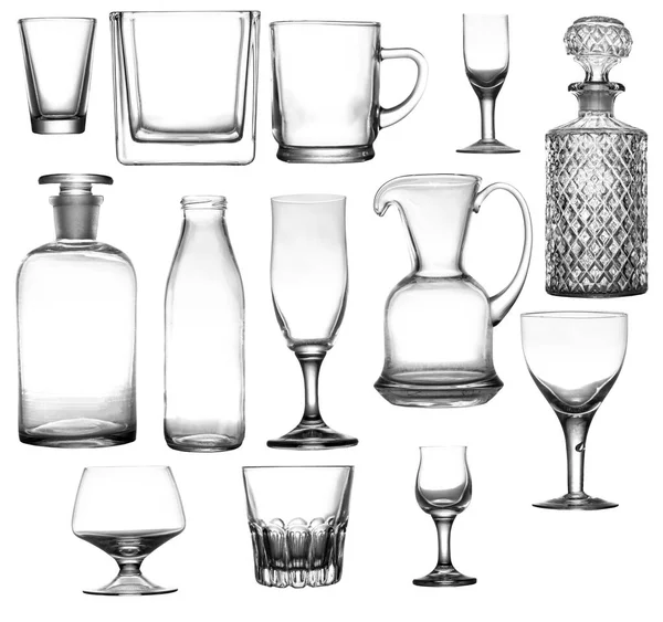 Sıvı depolamak için çeşitli cam kaplar. Gözlükler, kadehler ve sürahiler izole edilmiş bir tele bağlı..