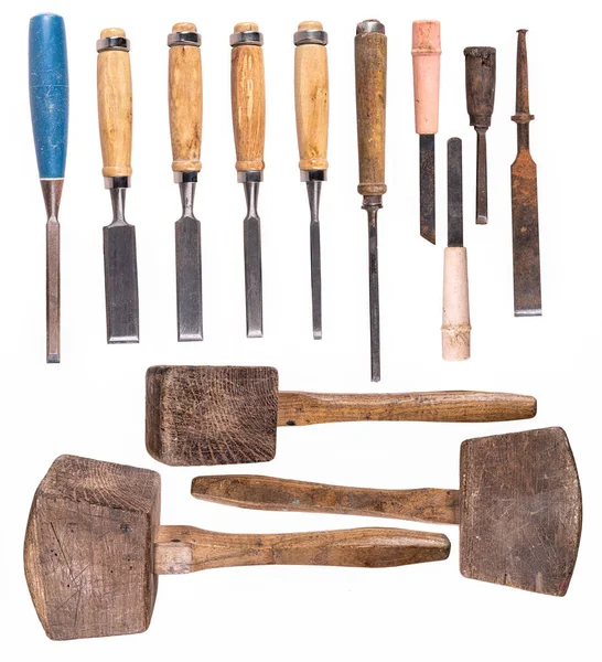 Varios Tipos Cinceles Carpintería Mazo Madera — Foto de Stock
