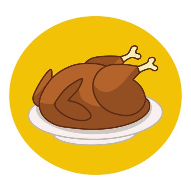 Kavrulmuş kuş bir tepside. Kızarmış tavuk işareti. Gala yemeği yiyecek. Beyaz arka plan üzerinde izole karikatür tarzı resimde vektör