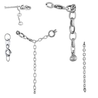 Mücevher zinciri ve bilezikler için gümüş bir kilit seti. Beyazda izole edilmiş tasarımcılar ve yerleşimler için