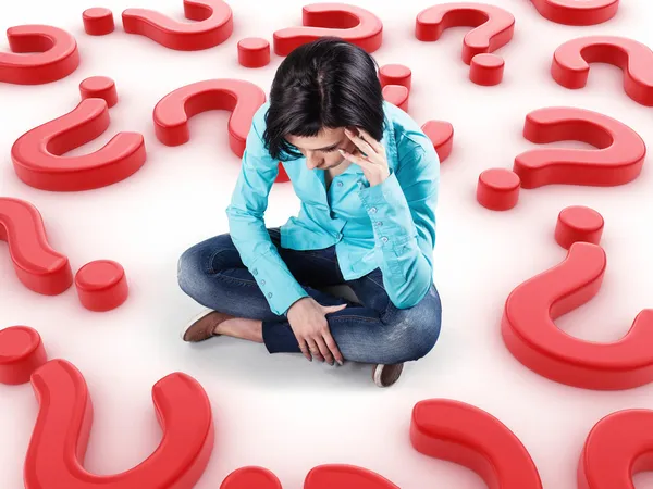 Girl among questions — Stock Photo, Image