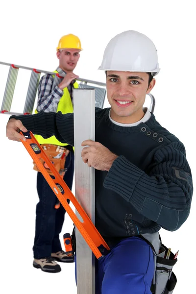 Två hantverkare arbetstagare anländer på jobbet — Stockfoto