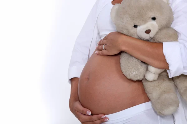 Mulher grávida segurando brinquedo de pelúcia fofinha — Fotografia de Stock