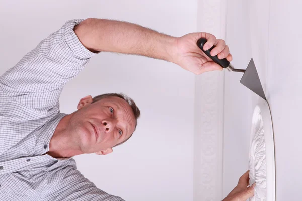 Plasterer laying ceiling moulding — Stock Photo, Image