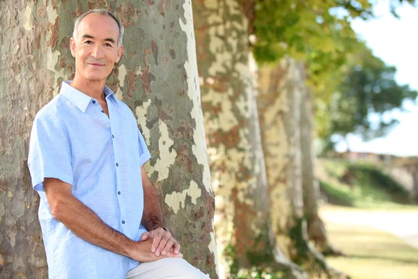 Senior man standing by a row of trees — Stock Photo, Image