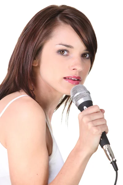 Female would be singer holding microphone — Stock Photo, Image