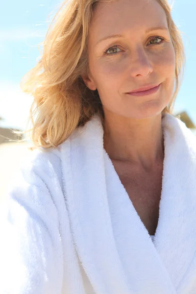 Woman wearing bath robe — Stock Photo, Image