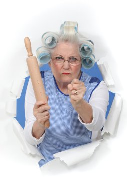 Angry old woman with a rolling pin clipart