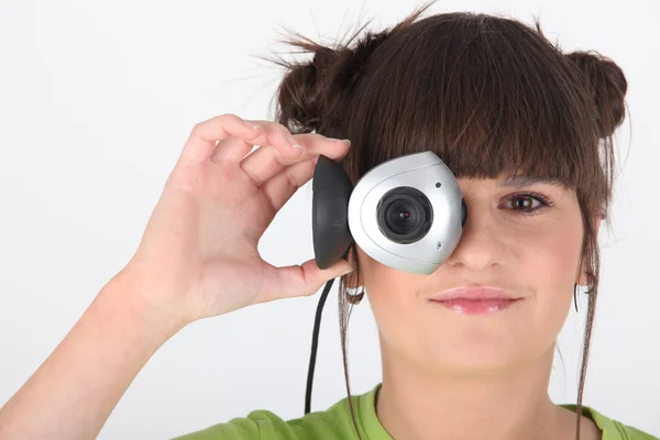 Menina filmando com uma web cam Godreau _ Lea _ 140410 — Fotografia de Stock