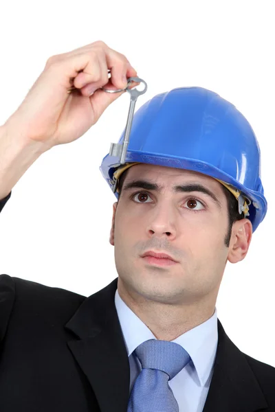 Homem com capacete azul — Fotografia de Stock