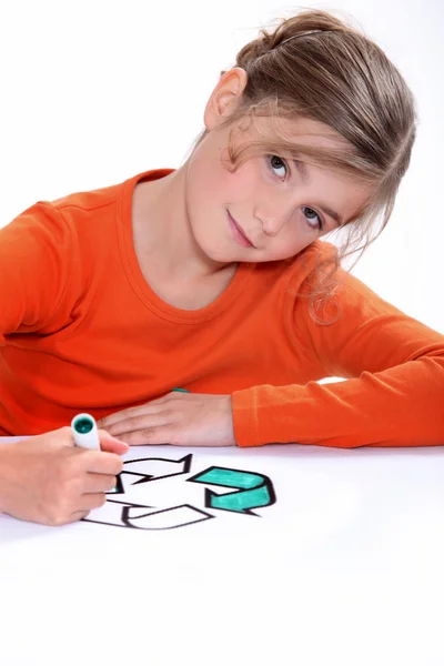 Señal de reciclaje para colorear niña — Foto de Stock