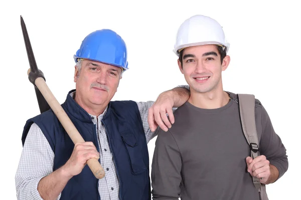 一个成熟的建筑工人和他的孙子. — 图库照片