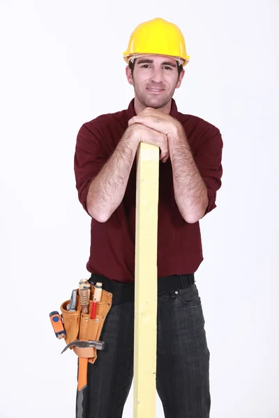 Carpenter stood with of wood — Stock Photo, Image